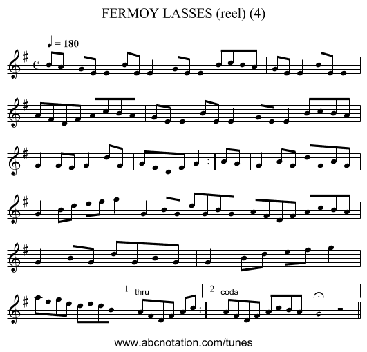 FERMOY LASSES (reel) (4) - staff notation