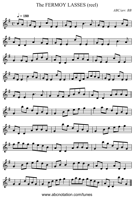 FERMOY LASSES (reel), The - staff notation