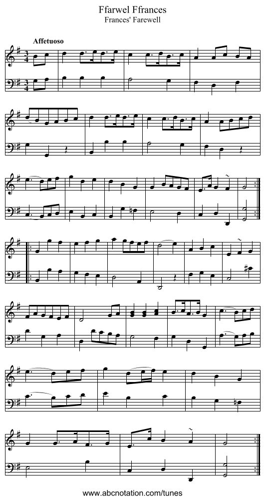 Ffarwel Ffrances - staff notation