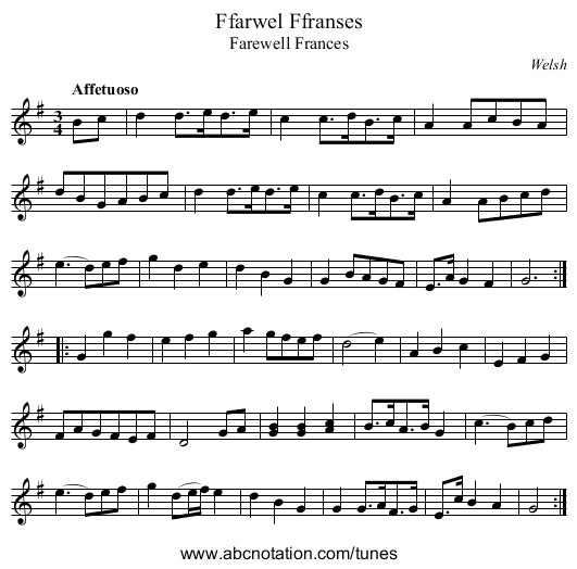 Ffarwel Ffranses - staff notation