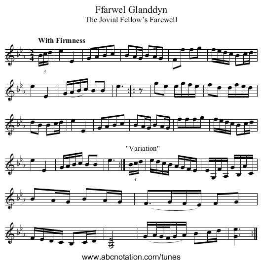 Ffarwel Glanddyn - staff notation