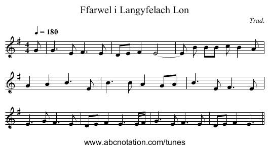 Ffarwel i Langyfelach Lon - staff notation