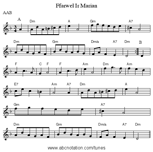 Ffarwel Ir Marian - staff notation
