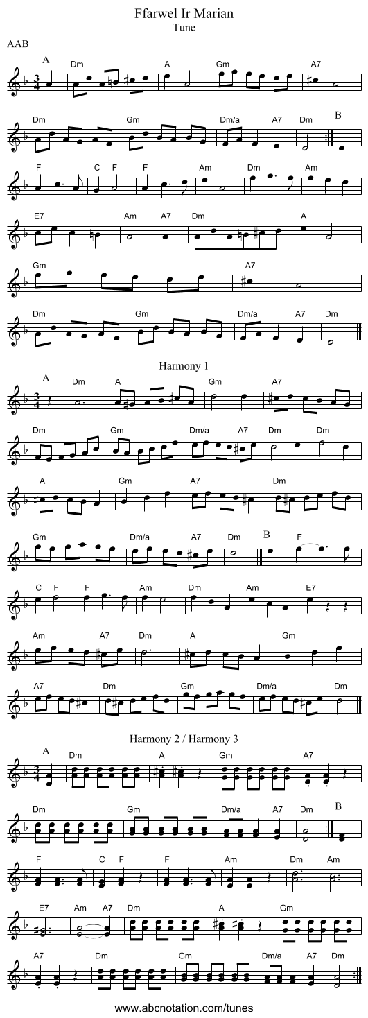 Ffarwel Ir Marian - staff notation