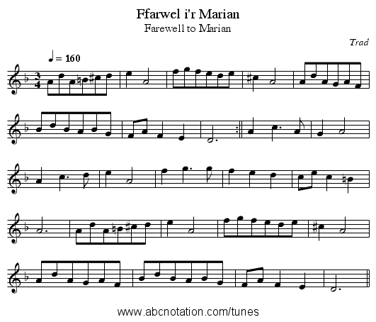 Ffarwel i'r Marian - staff notation