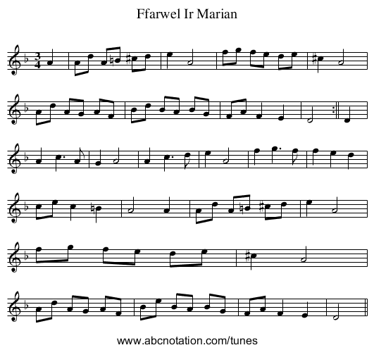 Ffarwel Ir Marian - staff notation