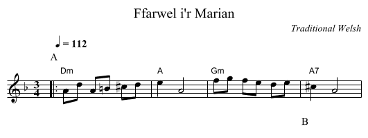 Ffarwel i'r Marian - staff notation