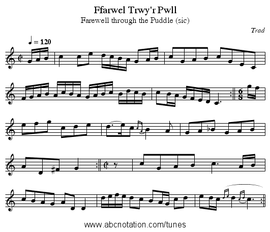Ffarwel Trwy'r Pwll - staff notation