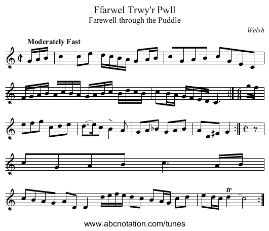 Ffarwel Trwy'r Pwll - staff notation