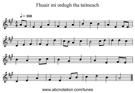 Fhuair mi ordugh tha taitneach - staff notation