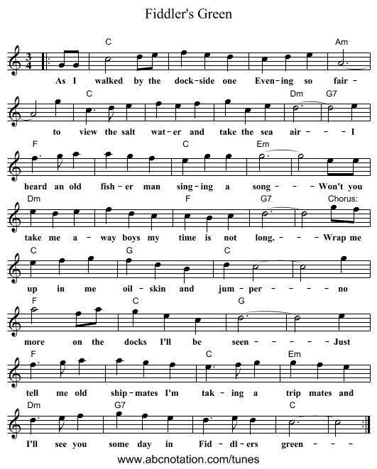 Fiddler's Green - staff notation