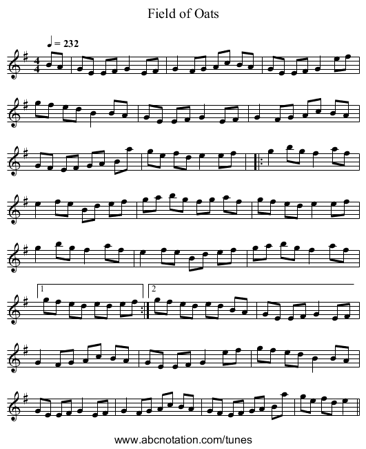 Field of Oats - staff notation