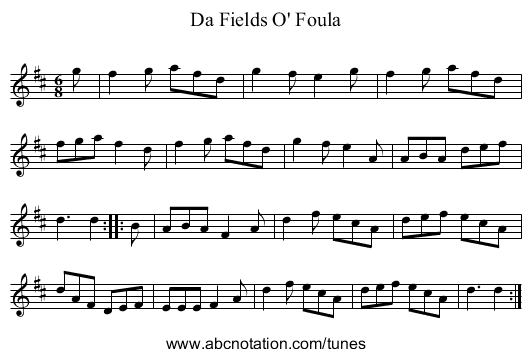 Fields O' Foula, Da - staff notation