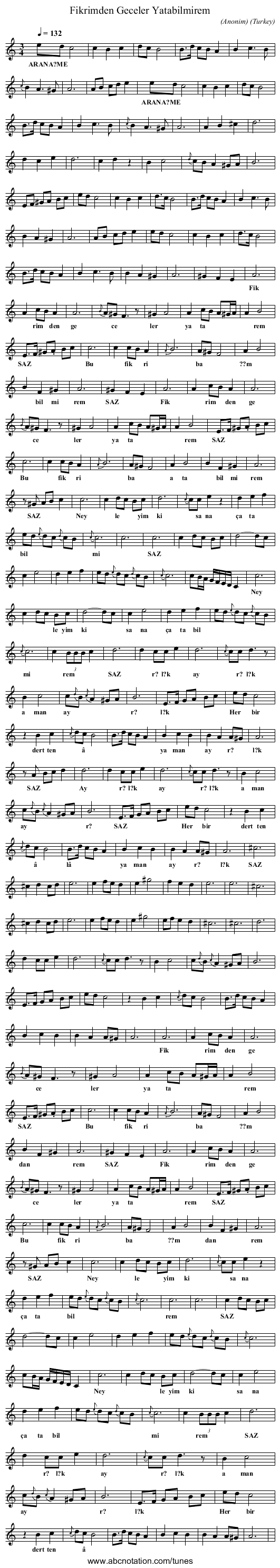 Fikrimden Geceler Yatabilmirem - staff notation