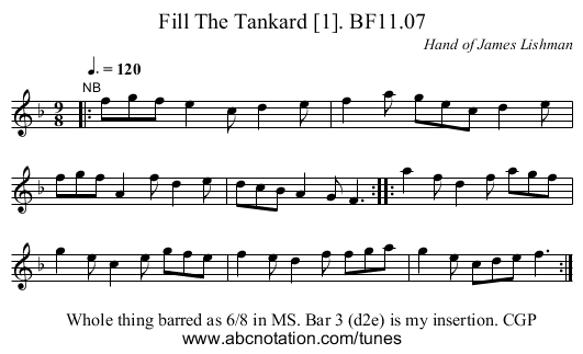 Fill The Tankard [1]. BF11.07 - staff notation