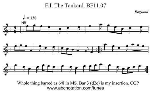 Fill The Tankard. BF11.07 - staff notation