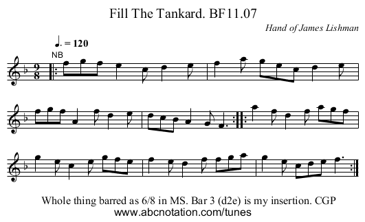 Fill The Tankard. BF11.07 - staff notation