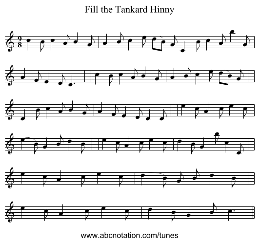 Fill the Tankard Hinny - staff notation
