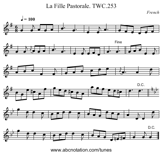 Fille Pastorale. TWC.253, La - staff notation