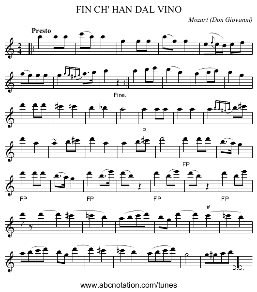 FIN CH' HAN DAL VINO - staff notation