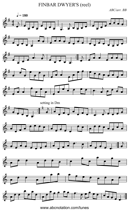 FINBAR DWYER'S (reel) - staff notation