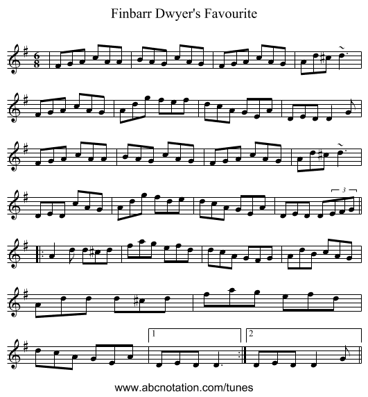 Finbarr Dwyer's Favourite - staff notation