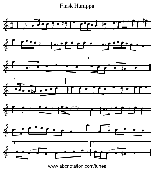 Finsk Humppa - staff notation