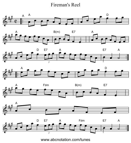 Fireman's Reel - staff notation