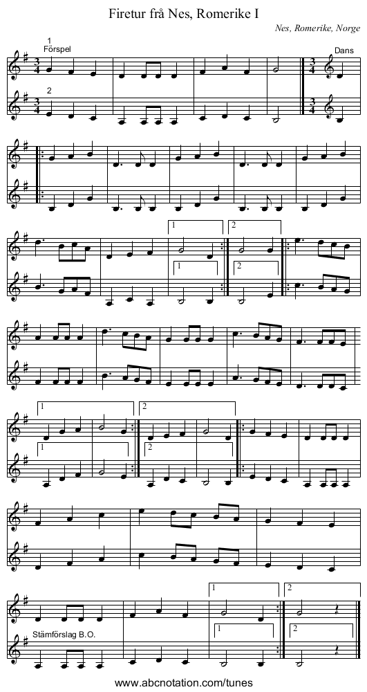 Firetur frå Nes, Romerike I - staff notation
