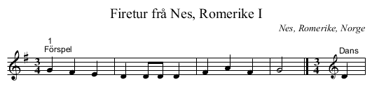 Firetur frå Nes, Romerike I - staff notation