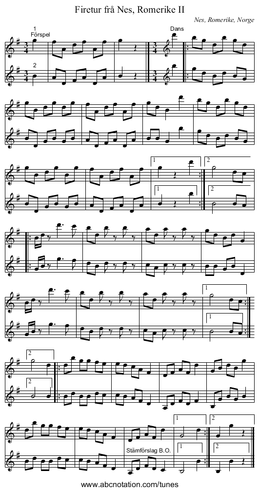 Firetur frå Nes, Romerike II - staff notation
