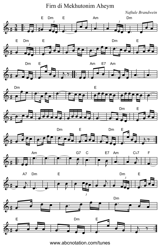 Firn di Mekhutonim Aheym - staff notation