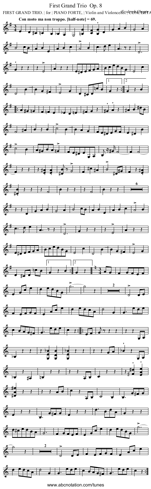 First Grand Trio	 Op. 8 - staff notation