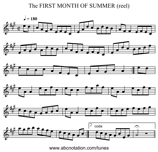 FIRST MONTH OF SUMMER (reel), The - staff notation