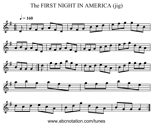 FIRST NIGHT IN AMERICA (jig), The - staff notation