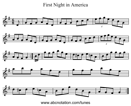 First Night in America - staff notation