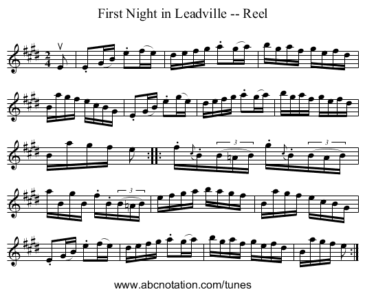 First Night in Leadville -- Reel - staff notation