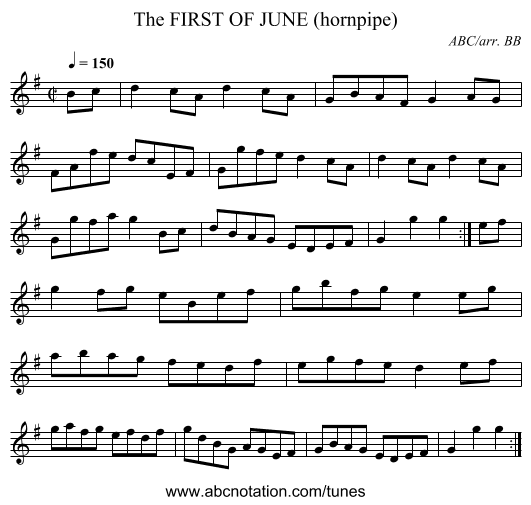 FIRST OF JUNE (hornpipe), The - staff notation