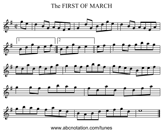 FIRST OF MARCH, The - staff notation