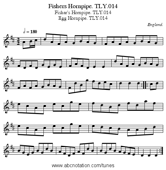 Fishers Hornpipe. TLY.014 - staff notation