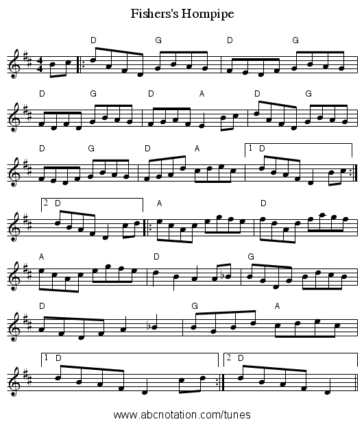 Fishers's Hornpipe - staff notation