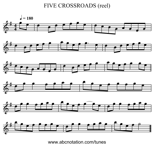 FIVE CROSSROADS (reel) - staff notation