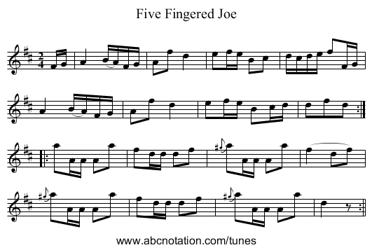Five Fingered Joe - staff notation