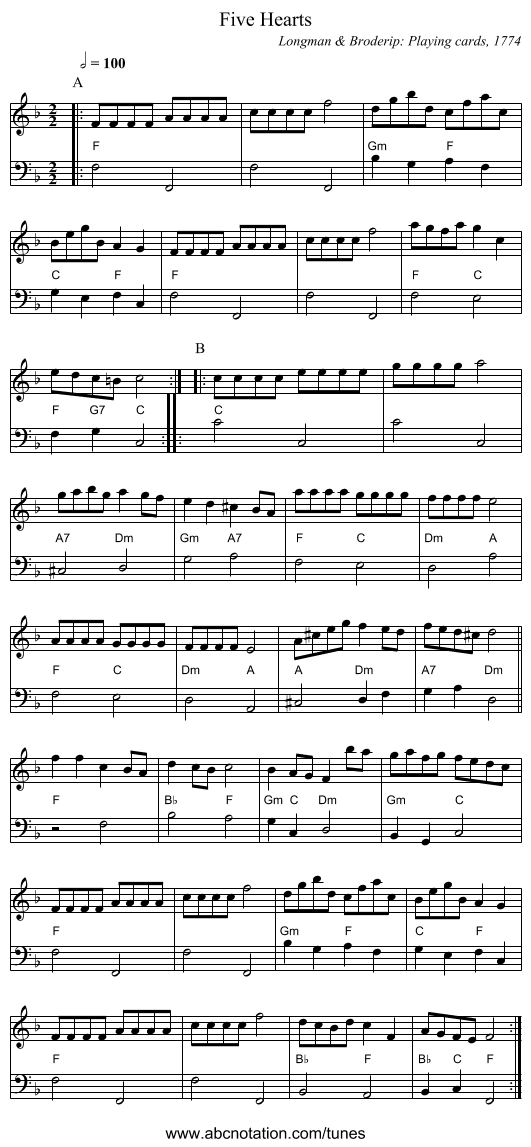 Five Hearts - staff notation
