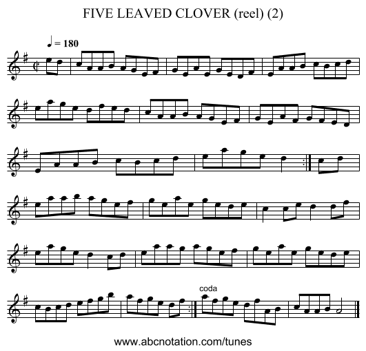 FIVE LEAVED CLOVER (reel) (2) - staff notation