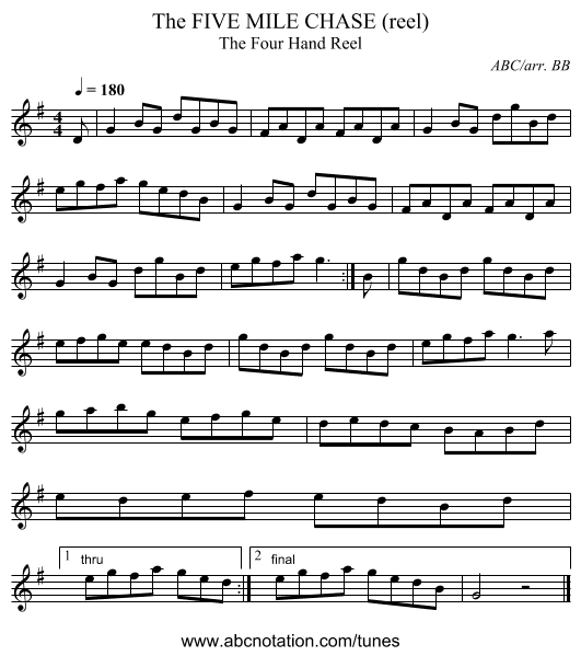 FIVE MILE CHASE (reel), The - staff notation