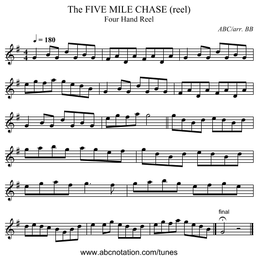 FIVE MILE CHASE (reel), The - staff notation