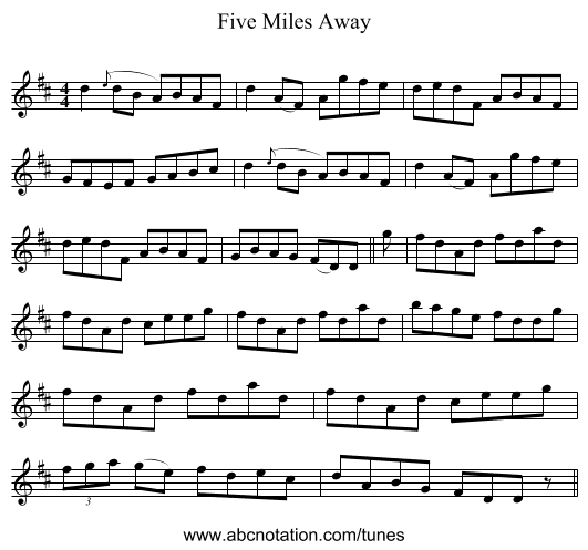 Five Miles Away - staff notation