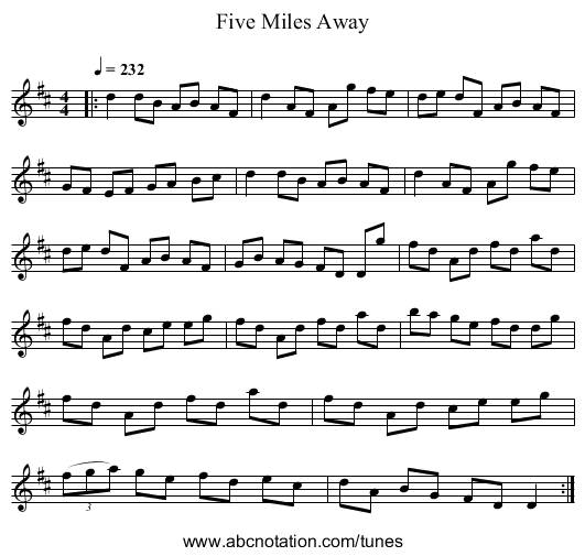 Five Miles Away - staff notation