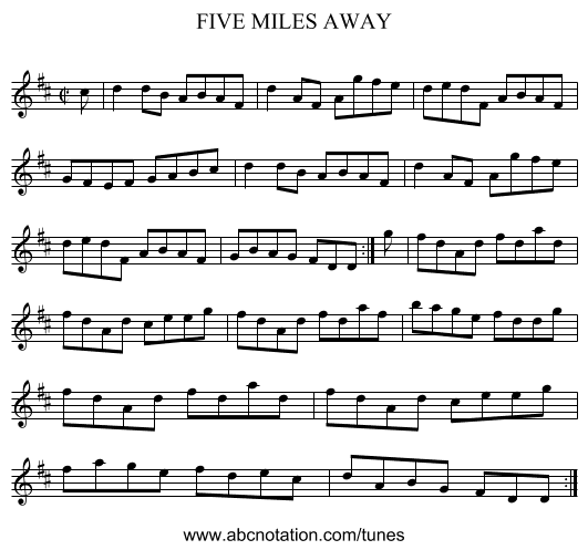 FIVE MILES AWAY - staff notation